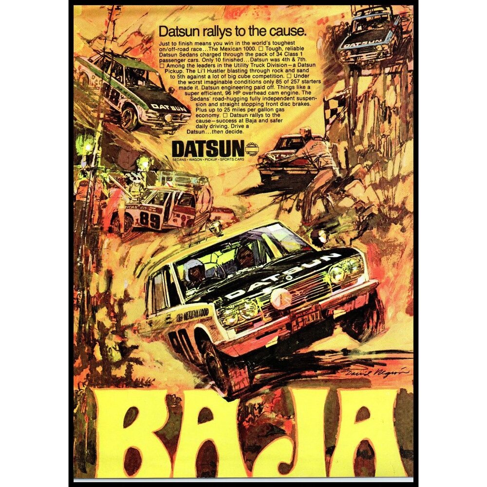 1970 Datsun Mexican 1000 Car Rally Vintage Print Ad Baja Drawing Wall Art